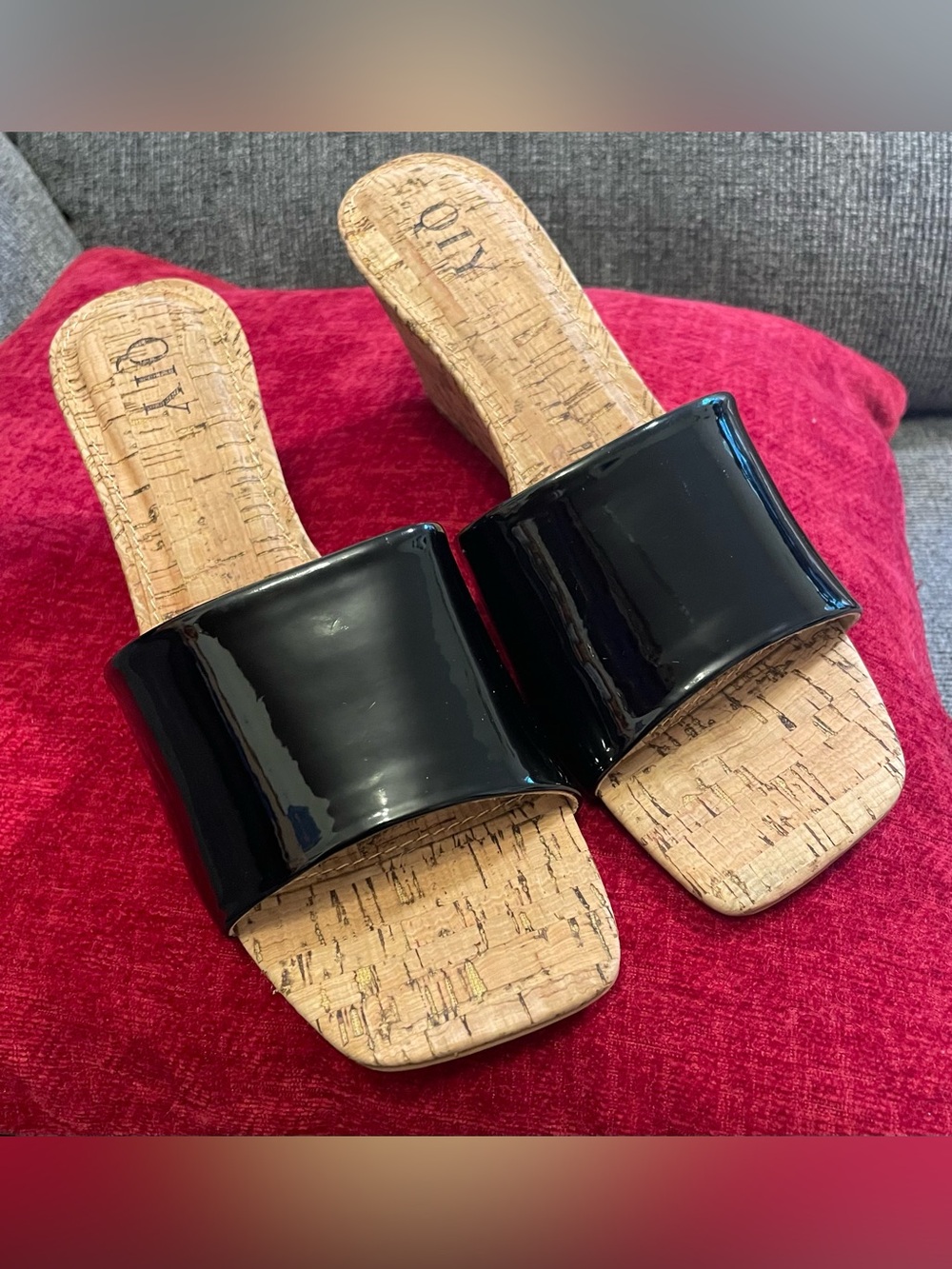 Black Patent Slide Sandals with Cork Footbed
